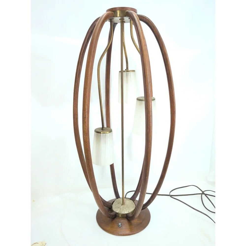 Vintage MCM Majestic Lamp 3 Light Walnut Birdcage 36